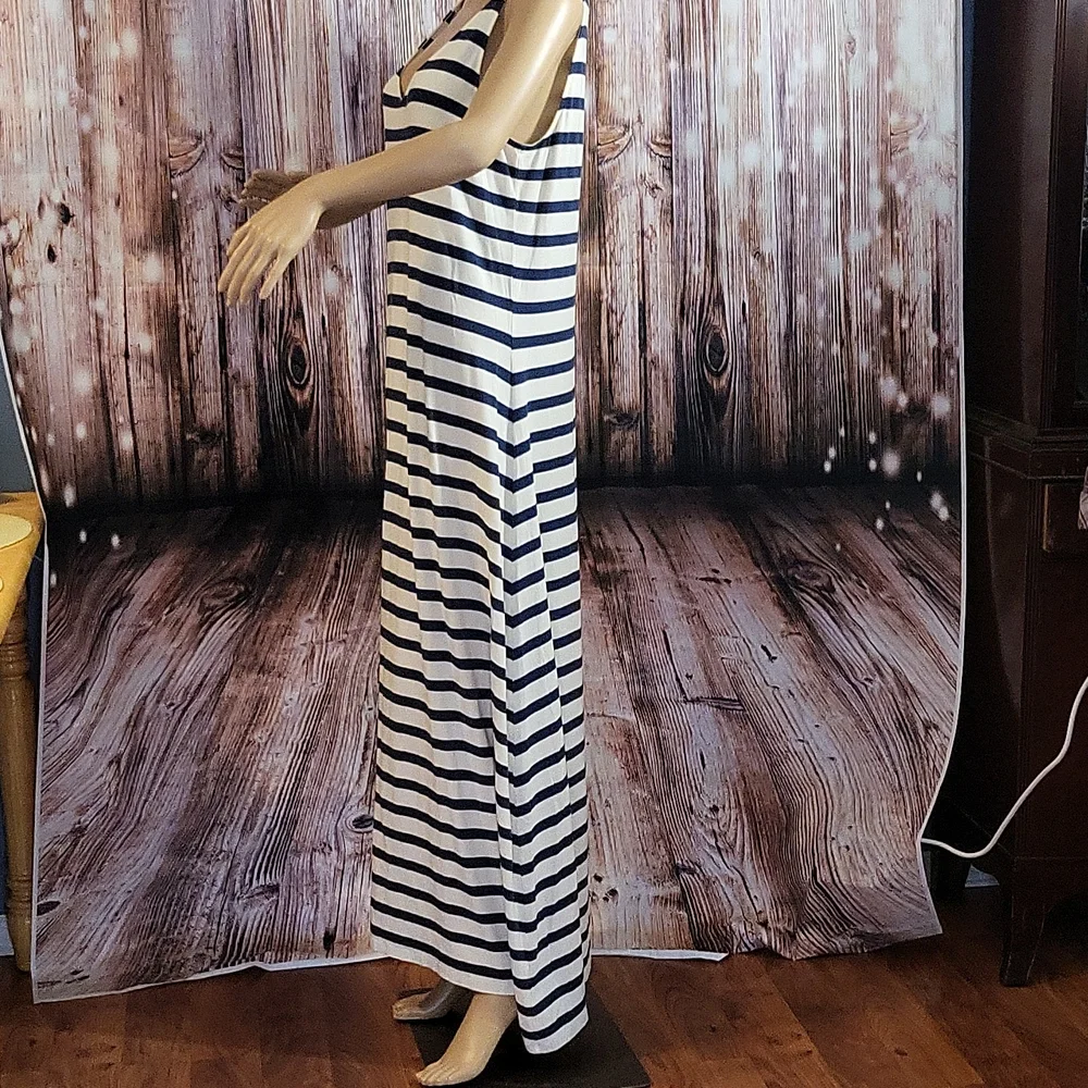 Garnet Hill Women's Sleeveless Navy & Cream Striped Maxi Dress Size M - Picture 5 of 12